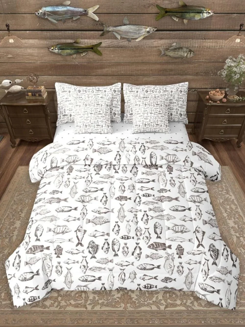 Fishing Comforter Set with Sheets 7 Piece Full Size Rustic Lakehouse Bedding Set